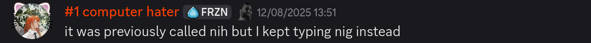 A screenshot of a discord message from user #1 computer hater: it was previously called nih but I kept typing nig instead