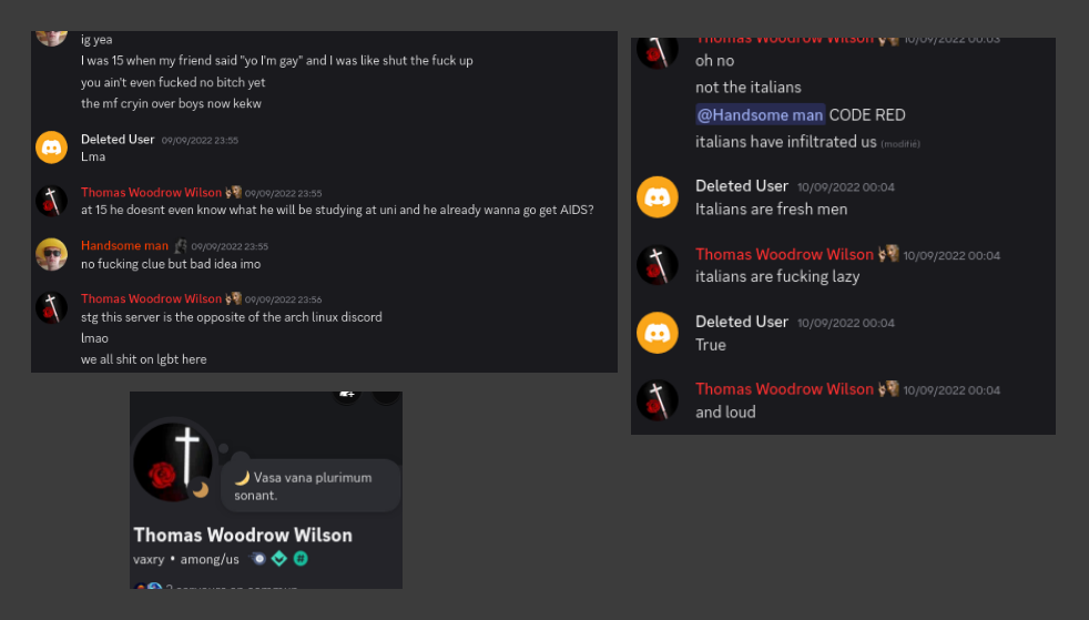 Screenshots of a discord discussion:A screenshot of the profile Thomas Woodrow Wilson showing it's Vaxry's nickname. A discord discussion: Some user: ig yea, I was 15 my friends said "yo I'm gay" and I was like shut the fuck up. You ain't fucked no bitch yet. The mf crying over boys now kekw. Deleted user: LMA. Thomas Woodrow Wilson (vaxry): At 15 he doens't even know what he will be studying at uni and he already wanna go get AIDS ?