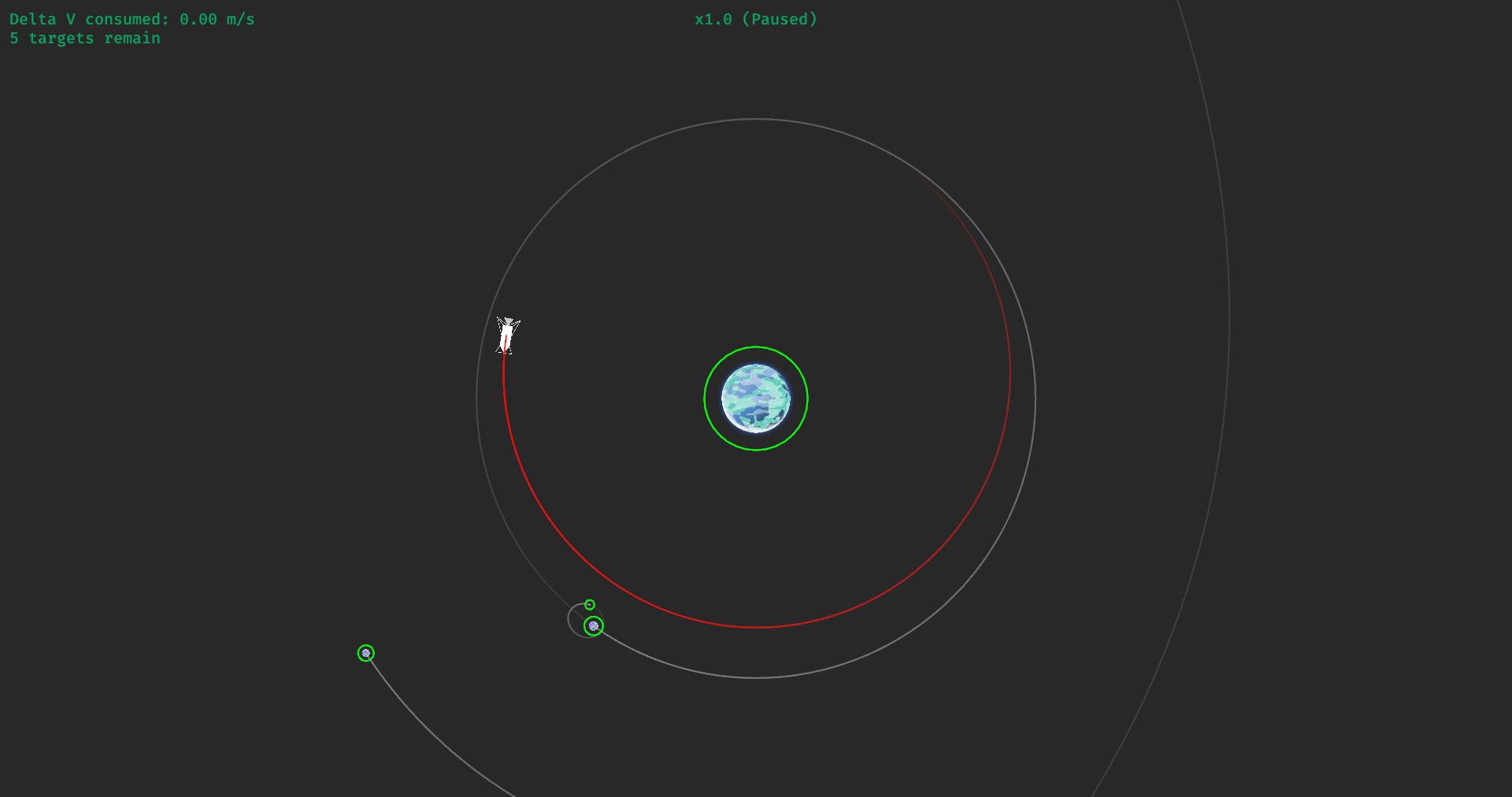 Screenshot of the slinshot game. The UI shows: Delta-V consumed: 0.00 m/s 5 targets remain x1.0 (paused) a ship is orbiting a planet that has 3 moons, one moon has its own moon and one moon is off-screen, we only see the path its orbit takes