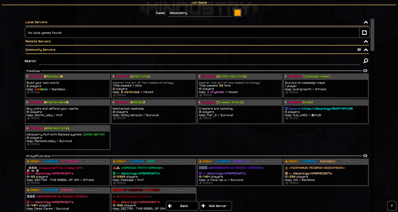 The Mindustry Join Game menu, with Add Server at the bottom