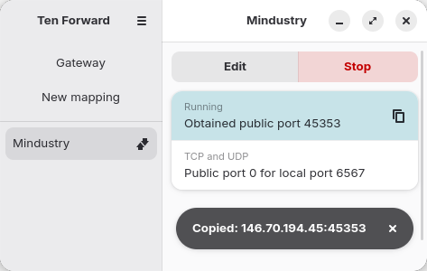 The Ten Forward interface, showing the Mindustry mapping, with a toast showing the copied value: 146.70.194.45:45353