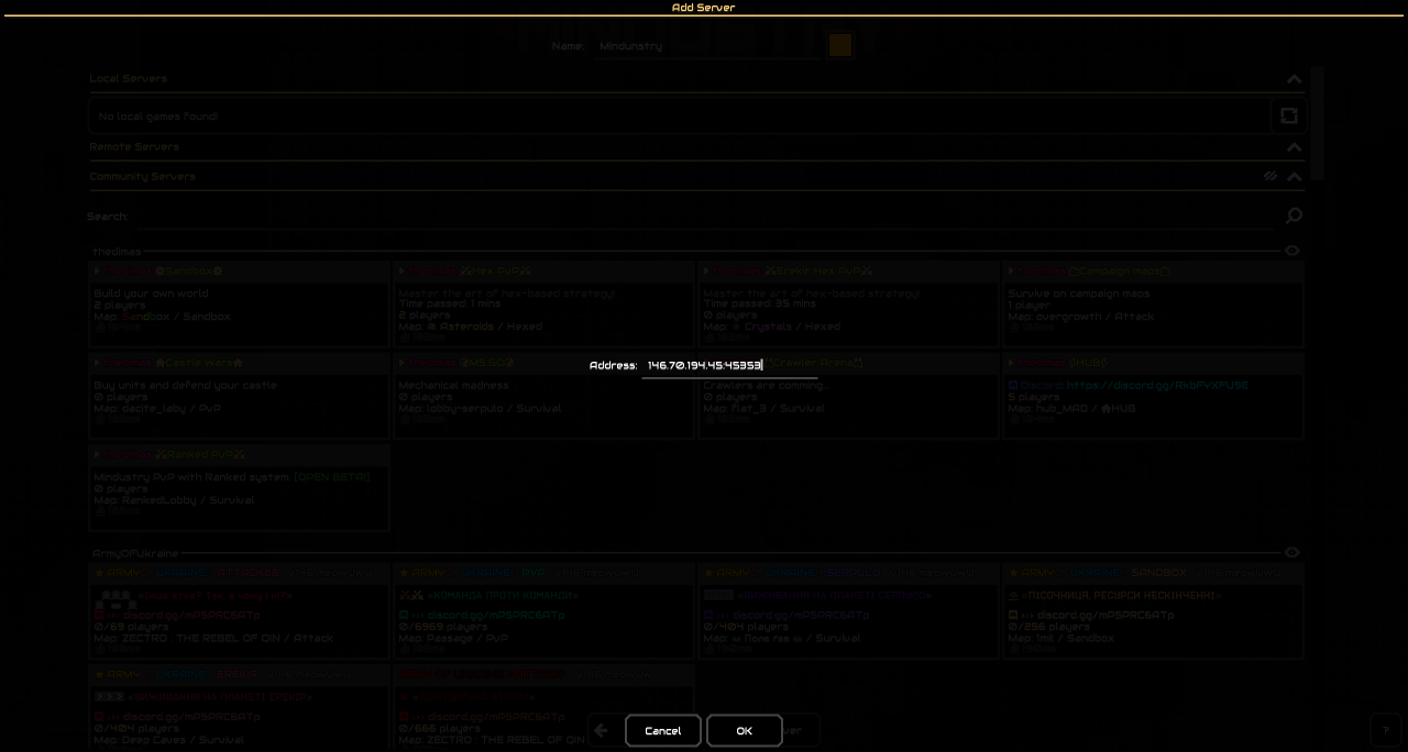 The Mindustry Add Server menu, with a text input field fo the IP in the middle, filled with 146.70.194.45:45353