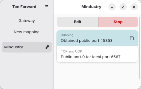The Ten Forward interface, showing the Mindustry mapping, Running, obtained public port 45353